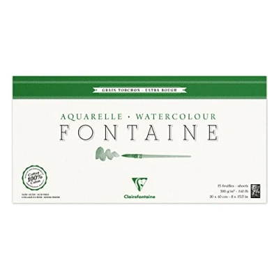Abbildung von Clairefontaine 96438C Malblock, 4 seitig verleimt Aquarellpapier Grobkorn Torchon, Fontaine/Hadern, 20 x 40 cm Panorama Format, 15 Blatt, 300 g Packung, weiß