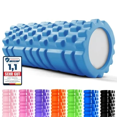 Abbildung von unycos Faszienrolle (33x14 cm), Fitness Rolle mit 3D Texturmassage und 50 Übungen E Book, Hartschaumrolle zur Selbstmassage, Belastbar 130 kg, Massagerolle für Funktionales Training (Hellblau)