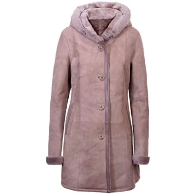 Abbildung von Infnity Leather Damen Elegante Taupe Mit Kapuze Wildleder Merino Shearling Schaffell Jacke L
