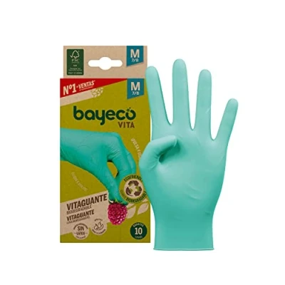 Abbildung von Bayeco Vitaguante Einweg Nitrilhandschuhe, biologisch abbaubar, Größe M, 10 Stück, 100% nachhaltig, puderfrei und latexfrei, strukturierte Finger für zusätzlichen Halt