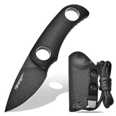Abbildung von TONIFE Runer Feststehendes Neck Knife mit Scheide und Lanyard 4,7cm Full Tang Klinge EDC Messer für Outdoor (Schwarz+Schwarz Oxid dann Stonewash)