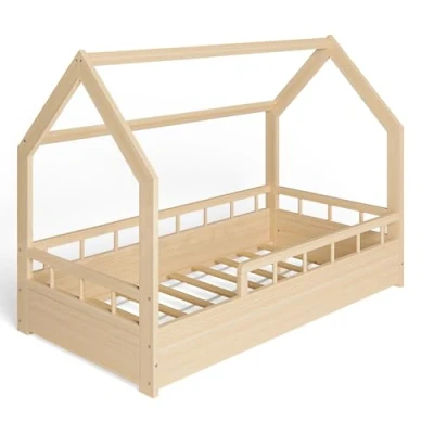 Abbildung von ms factory Hausbett Kinderbett 80x160 cm mit Rausfallschutz und Lattenrost Einzelbett aus Kiefernholz für Mädchen Junge Natur Farblos