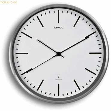 Abbildung von Maul Funkwanduhr MAULfly Ø 30cm Wanduhr aus Mineralglas automatische Zeiteinstellung schmaler Rahmen Aluminium in modernem Design für Büro, Homeoffice und Wohnbereich Weiß