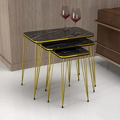 Abbildung von en.casa Satztisch, Rudkøbing Satztisch mit Hairpinlegs in 3er Set Marmor, schwarz/Gold