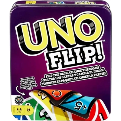 Abbildung von Mattel Games UNO Flip in robuster Metalldose Das Klassische Kartenspiel mit neuem Twist, für die ganze Familie und Kinder ab 7 Jahren, GDG37