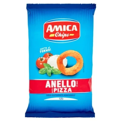 Abbildung von 10x Amica Chips Anello Pizza Mais Snacks mit Pizzageschmack Salziger Snack 125g Beutel