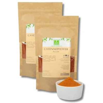 Abbildung von Cayenne Pfeffer gemahlen 500g (2 * 250g) von der Grünen Essenz Cayennepfeffer Pulver 100% natürlich scharf Chili ohne Zusätze scharfes Gewürz (500 Gramm)