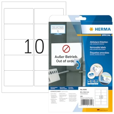 Abbildung von HERMA 4349 Universal Etiketten ablösbar, 25 Blatt, 96 x 50,8 mm, 10 pro A4 Bogen, 250 Stück, selbstklebend, bedruckbar, matt, blanko Papier Klebeetiketten Aufkleber, weiß