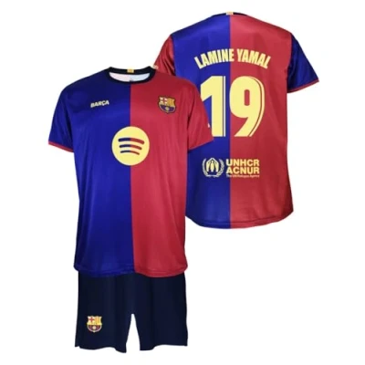 Abbildung von Futbol Club Barcelona Lamine Yamal 19 Heimtrikot und Hose Saison 2024/2025, offizielle Replik mit Lizenz Kinder, Blau/Weinrot, 8 Jahre