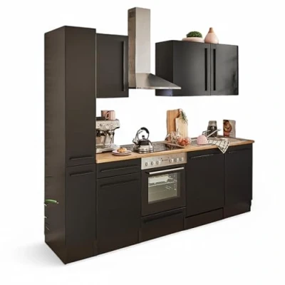 Abbildung von Jazz 8 Moderne Küchenzeile mit Elektrogeräten in Schwarz matt, Lanzelot Eiche Optik Geräumige Einbauküche viel Stauraum 250 x 211 60 cm (B/H/T)