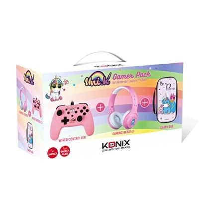 Abbildung von Konix Unik Gaming Zubehörpaket für Nintendo Switch und OLED Headset Be Love Controller a Princess Tasche.