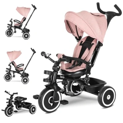 Abbildung von Lorelli Dreirad Tino ab 1 Jahr mit Schubstange, Sicherheitsgurt, 360 drehbar, Tricycle, Verstellbarer Elterngriff, Freilaufrad Funktion, Spielzeugkorb (Rosa)