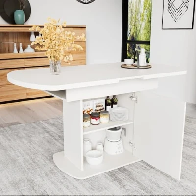 Abbildung von Merax Esstisch Holz, Ausziehbar Esszimmertisch mit Stauraum, Ovaler Küchentisch für Wohnzimmer und Esszimmer, 110/130L x 70B 75H cm, Weiß