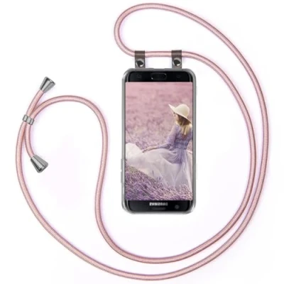 Abbildung von moex Handykette kompatibel mit Samsung Galaxy S7 Edge Hülle Band Längenverstellbar, Handyhülle zum Umhängen, Silikon Case Transparent Kordel Schnur abnehmbar in Rosegold