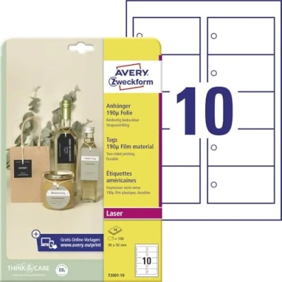 Abbildung von AVERY Zweckform T3001 10 stabile Anhänger 100 Stück inkl. Schnüre (90x50mm auf A4, beidseitig bedruckbare Produktanhänger, reißfeste, strapazierfähige Geschenkanhänger, Preisanhänger) Folie, weiß