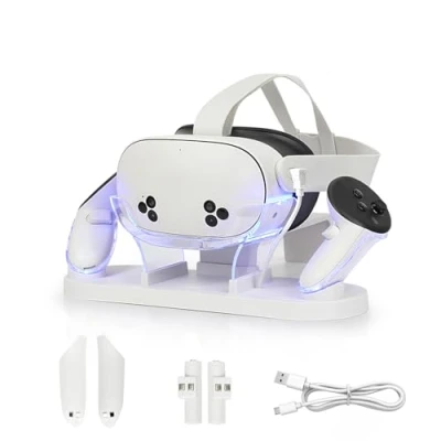 Abbildung von Dockingstation für Meta Quest 3S/Quest 3, VR Ladestation kompatibel mit Quest3S/Quest3 LED/RGB Licht, Headset und 3S/Quest3 Controller(Weiß)