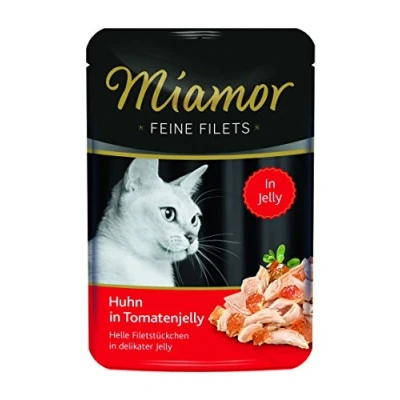 Abbildung von MIAMOR Feine Filets in Jelly Nassfutter für ausgewachsene Katzen mit Filetstückchen Jelly. Fettarmes Ergänzungsfutter im Frischebeutel ohne Zusatzstoffe 24x100g Huhn Tomatenjelly
