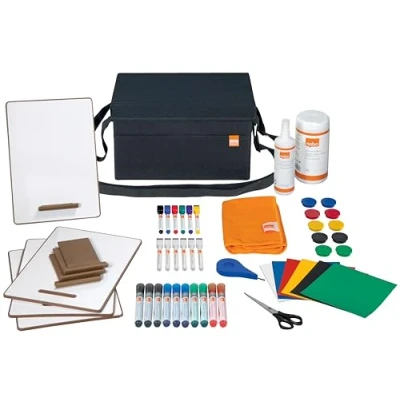 Abbildung von Nobo Whiteboard Zubehörtasche, robuste Tasche mit 47 Zubehörartikeln wie Stiften, Magneten &amp; Reiniger, 23 x 20 35,5 cm, 50% Recyclingmaterial, Anthrazit, 1915711