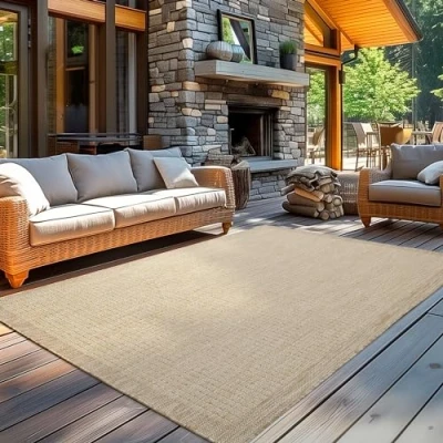 Abbildung von Carpetsale24 In &amp; Outdoor Teppich Wetterfest 140 x 200 cm Einfarbig Beige Waschbar, Wasserfest, Pflegeleicht und Flachgewebe Ideal für Balkon, Garten, Terrasse als Küchenteppich
