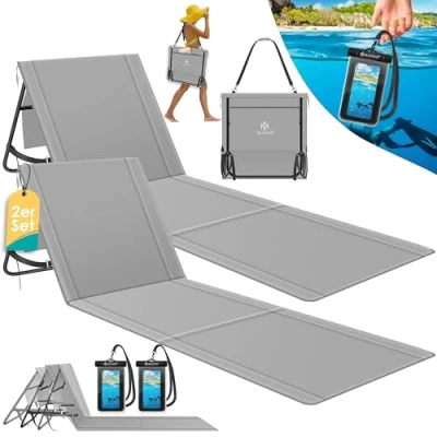 Abbildung von KESSER® 2er Set Strandmatte klappbar mit Verstellbarer Rückenlehne, Tragegurt, wasserdichter Tasche &amp; Aufbewahrung Faltbare Sonnenliege für Strand, Garten Terrasse je 130 kg belastbar
