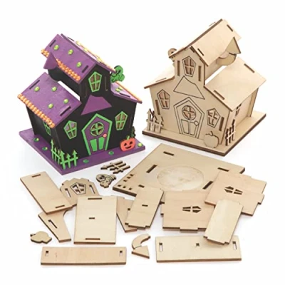 Abbildung von Baker Ross FE764 Spukhaus Modellbausatz aus Holz, Teelichthalter zum Dekorieren und Ausstellen, Holzhandwerk für Kinder, ideales Halloween Kunst Bastelprojekt, 3 Stück
