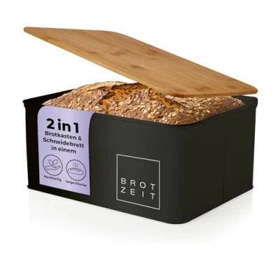 Abbildung von Lumaland Brotkasten Cuisine, Edelstahl, (1 tlg), Brotbox Metall Bambus Deckel rechteckig 30x23x14cm