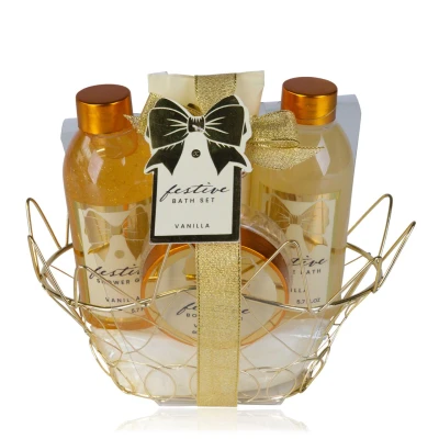 Abbildung von Accentra Duschset Frauen Geschenkset FESTIVE in schönen goldenen Drahtkorb 4 teiliges Pflegeset mit Duschgel, Bodylotion, Schaumbad und Körperpeeling Geschenk Set zum Geburtstag &amp; Muttertag