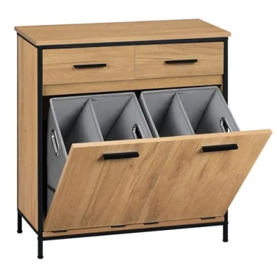 Abbildung von EUGAD Badezimmerschrank mit 2 faltbaren Wäschesäcken, Wäscheschrank Schubladen, Wäschesammler Wäschekorb, Badschrank Badmöbel Metallrahmen, helle Eiche + Schwarz, 72,5x80x34 cm