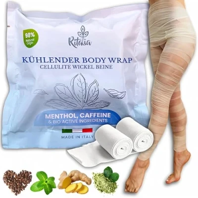 Abbildung von Ritalia® CELLULITE WICKEL Drainierende Beinwickel mit Cold Effect Toning und Anti Müdigkeits Wirkung Kosmetikbandage 100% natürlichen Extrakten (Bandagen)