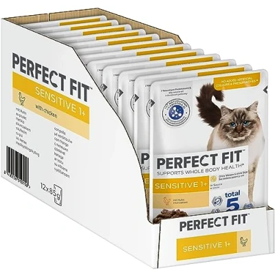 Abbildung von Perfect Fit Sensitive 1+ Katzennassfutter mit Huhn in Sauce, 12 Portionsbeutel, 12x85g Premium Katzenfutter nass, für sensible Katzen ab 1 Jahr, ohne Weizen &amp; Soja, zur Unterstützung der Verdauung