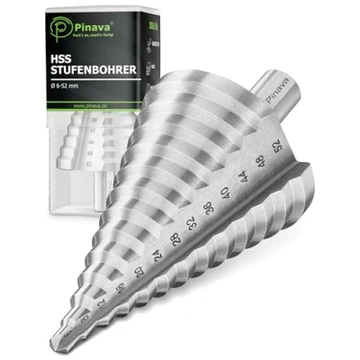 Abbildung von Pinava® HSS Stufenbohrer Ø6 52mm [12mm Schaft] Scharfer Kegelbohrer für Metall, Holz &amp; Kunststoff Schälbohrer, Konusbohrer, Blech Bohrer, sauberer präziser Lochbohrer Blechschälbohrer 13 Stufen