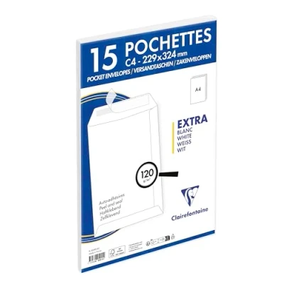 Abbildung von Clairefontaine 825015C Packung mit 15 Versandtaschen weiß C4 229x324 mm, selbstklebend, 120g, 1 Pack
