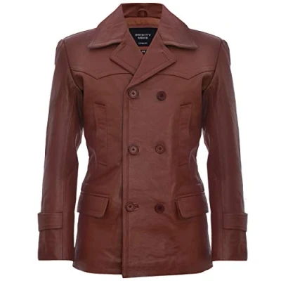 Abbildung von Infinity Leather Herren Bräunen German Marine Dr Who Kuhfellleder PEA Mantel XS