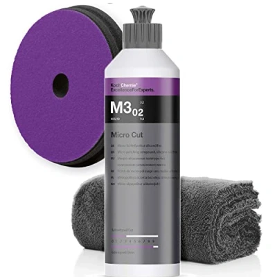 Abbildung von detailmate Koch Chemie Politur Set: Micro Cut M3.03 250ml + Pad 150x23mm Mikrofasertuch 550GSM, 40x40cm