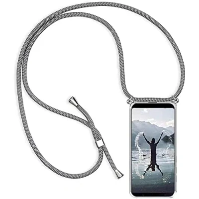 Abbildung von HongMan Handykette Handyhülle für Samsung Galaxy A50 / A30s A50s mit Band Transparent Handy Kette Hülle Kordel zum Umhängen Handyanhänger Halsband Lanyard Case Grau