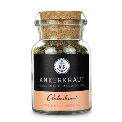 Abbildung von Ankerkraut BBQ und Grill Gewürzmischung, das Original Gewürz, mit Knoblauch Oregano, Allrounder leicht scharfer Note, 70 g im Korkenglas