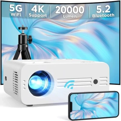 Abbildung von AKIYO Beamer, Full HD 1080P 10000 Lumen Beamer 5G WiFi Bluetooth mit Stativ, Unterstützung 4K Heimkino für Handy Phone, Projektor Kompatibel iOS/Android/TV Stick/PC/PS5/HDMI