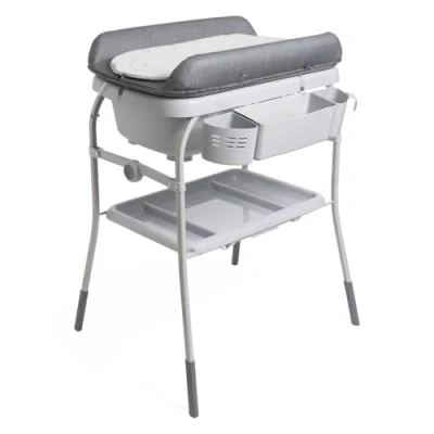 Abbildung von Chicco Cuddle &amp; Bubble Badewanne Wickeltisch Neugeborenen Ergonomisch mit Matratze und Weichem Reduzierer, Höhenverstellbar, Kompakte Verschluss, Eltern Organizer 2 Räder, Max 11kg, Graphit Melange