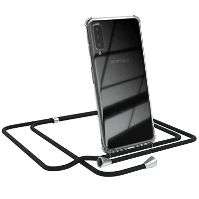 Abbildung von EAZY CASE Handykette kompatibel mit Samsung Galaxy A7 (2018) Handyhülle Umhängeband, Handykordel Schutzhülle, Silikonhülle, Hülle Band, Stylische Kette für Smartphone, Schwarz