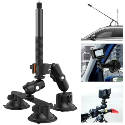 Abbildung von UNSTINCER Auto Dreifach Saugnapfhalterung und Klemme mit 118 cm Selfie Stick, Third Person Autohalterung für Insta360 Gopro Akaso Action Kamera, Halterung KFZ Fahrrad Motorrad Lenker