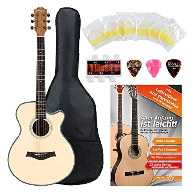 Abbildung von Rocktile WSC 100C NT Westerngitarre Starter Set Korpusform: Concert mit Cutaway Decke: Fichte Boden &amp; Zarge: Mahagoni Hals: Okoume inkl. Tasche, Notenheft, Saiten Plektren Natur