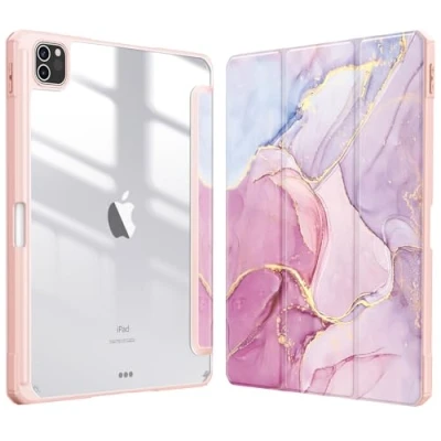 Abbildung von Fintie Hybrid Hülle für iPad Pro 11 2022/2021 (3./4. Generation) mit Stifthalter Stoßfeste Schutzhülle transparenter Hartschale auf der Rückseite 2020/2018, Rosa Marmor