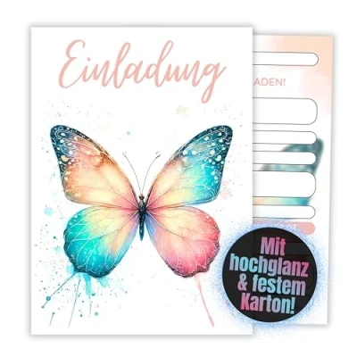 Abbildung von HIDEBLOOM I Schmetterling Einladungskarten Kindergeburtstag Mädchen 12 Stück DIN A6 (10,5 cm x 14,8 cm) Geburtstag Kinderparty Geburtstagseinladungen