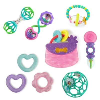 Abbildung von Bright Starts, Everything Nice 9 Stück Geschenk Set BPA freie Rasseln und Beißringe, lila rosa Babyspielzeuge, Neugeborene+