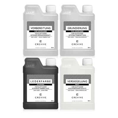 Abbildung von CREVIVE Lederfarbe Set Farbe wählbar für die optimale Lederfärbung Lederreiniger, Grundierung, Lederfarbe, Versiegelung, je 500 ml Schwarz Matt