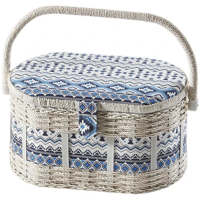 Abbildung von locker Nähkästchen, oval, aus Kunststoff und Textil mit blau weißem Muster