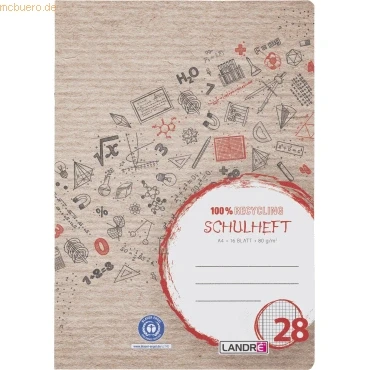 Abbildung von 10 x Landre Schulheft Recycling A4 16 Blatt 80 g/qm Lineatur 28 karier
