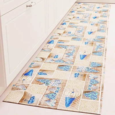 Abbildung von PETTI Artigiani Italiani Kücheläufer Teppich Küche rutschfest und waschbar 52 x 340 cm Design Lidia Blau 100% Made in Italy