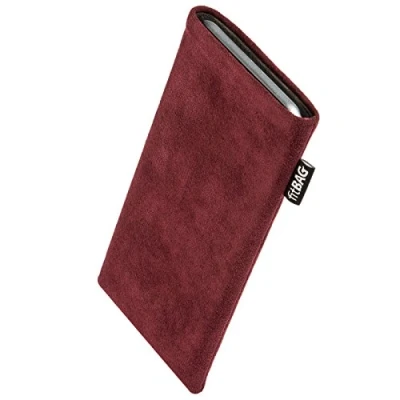 Abbildung von fitBAG Classic Weinrot Handytasche für Apple iPhone 15 Pro Max Tasche aus original Alcantara mit Microfaserinnenfutter Hülle Reinigungsfunktion Made in Germany