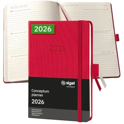 Abbildung von SIGEL C2665 Wochenplaner Wochenkalender 2026, ca. A6, rot, Hardcover, 176 Seiten, Gummiband, Stiftschlaufe, Archivtasche, aus nachhaltigem Papier, Conceptum